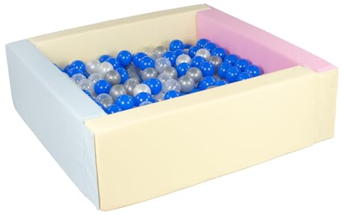 Velinda Bällebad Bällepool Bällebecken Spielbecken Kinderpool quadratisch 300 Bälle (Farbe des Pools/der Bälle: pink, blau, gelb (Pastell)/perlweiß, transparent, blau, silberfarben) von Velinda