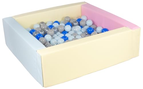 Velinda Bällebad Bällepool Bällebecken Spielbecken Kinderpool quadratisch 300 Bälle (Farbe des Pools/der Bälle: pink, blau, gelb (Pastell)/transparent, blau, grau, silberfarben, blau (Pastell)) von Velinda