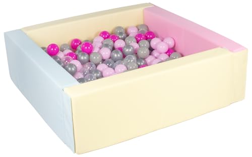 Velinda Bällebad Bällepool Bällebecken Spielbecken Kinderpool quadratisch 300 Bälle (Farbe des Pools/der Bälle: pink, blau, gelb (Pastell)/transparent, pink, grau, silberfarben, pink (Pastell)) von Velinda