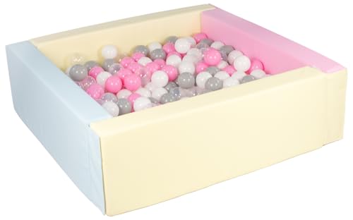 Velinda Bällebad Bällepool Bällebecken Spielbecken Kinderpool quadratisch 300 Bälle (Farbe des Pools/der Bälle: pink, blau, gelb (Pastell)/weiß, transparent, rosa, grau) von Velinda