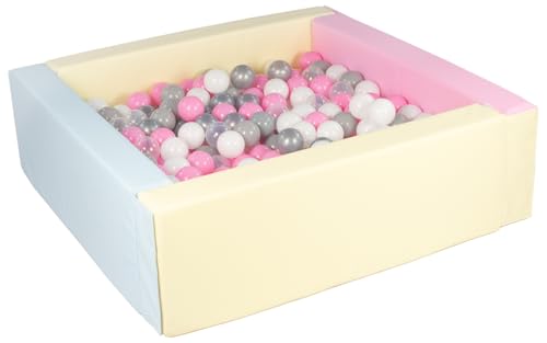 Velinda Bällebad Bällepool Bällebecken Spielbecken Kinderpool quadratisch 300 Bälle (Farbe des Pools/der Bälle: pink, blau, gelb (Pastell)/weiß, transparent, rosa, grau, silberfarben) von Velinda