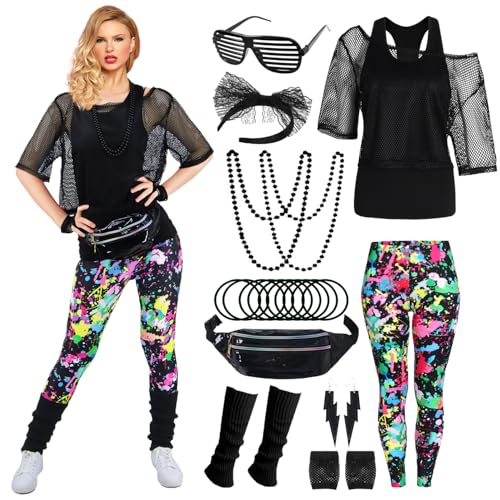 80er 90er Jahre Outfit Damen 20 Stück 80iger Retro Kostüm Off Shoulder Netzshirt Frauen Leggins Neon Kleidung Zubehör Set Bauchtasche Ohrring Netzhandschuhe Armband Bad Halskette Taste Outfit VL021-L von Velmawig