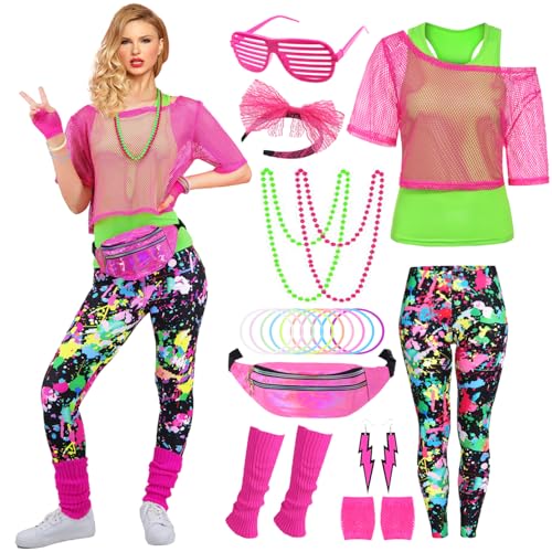 80er 90er Jahre Outfit Damen 20 Stück 80iger Retro Kostüm Off Shoulder Netzshirt Frauen Leggins Neon Kleidung Zubehör Set Bauchtasche Ohrring Netzhandschuhe Armband Bad Halskette Taste Outfit VL022-M von Velmawig