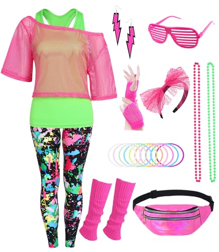 80er 90er Jahre Outfit Damen 20 Stück 80iger Retro Kostüm Off Shoulder Netzshirt Frauen mit Leggins Neon Kleidung Zubehör Set Bauchtasche Ohrring Netzhandschuhe Armband Halskette Bad Taste Outfit 022L von Velmawig