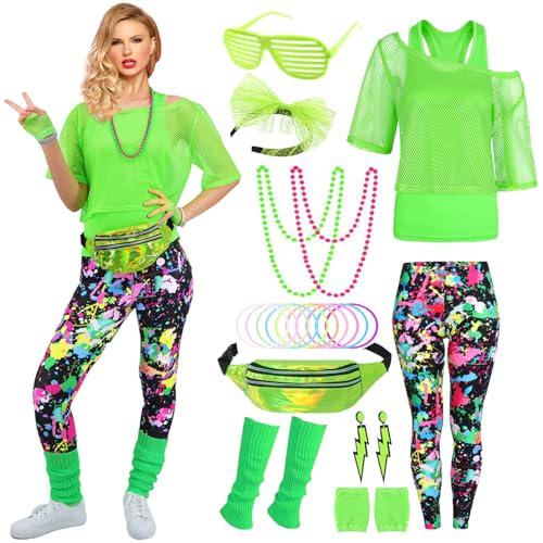 80er 90er Jahre Outfit Damen 20 Stück 80iger Retro Kostüm Off Shoulder Netzshirt Frauen mit Leggins Neon Kleidung Zubehör Set Bauchtasche Ohrring Netzhandschuhe Armband Halskette Bad Taste Outfit 020M von Velmawig