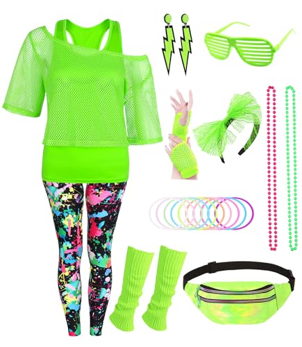 80er 90er Jahre Outfit Damen 20 Stück 80iger Retro Kostüm Off Shoulder Netzshirt Frauen mit Leggins Neon Kleidung Zubehör Set Bauchtasche Ohrring Netzhandschuhe Armband Halskette Bad Taste Outfit 020L von Velmawig