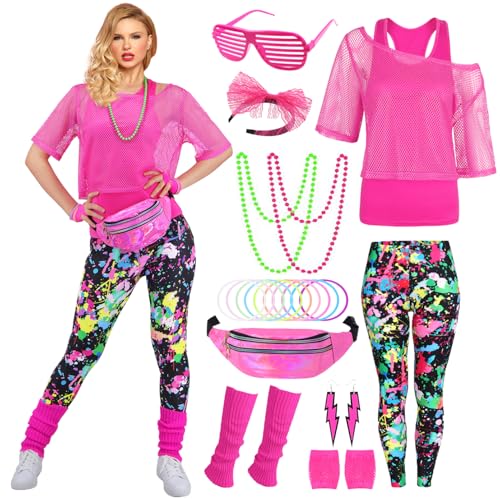 80er 90er Jahre Outfit Damen 20 Stück 80iger Retro Kostüm Off Shoulder Netzshirt Frauen mit Leggins Neon Kleidung Zubehör Set Bauchtasche Ohrring Netzhandschuhe Armband Halskette Bad Taste Outfit 019L von Velmawig