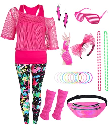 80er 90er Jahre Outfit Damen 20 Stück 80iger Retro Kostüm Off Shoulder Netzshirt Frauen mit Leggins Neon Kleidung Zubehör Set Bauchtasche Ohrring Netzhandschuhe Armband Halskette Bad Taste Outfit 019L von Velmawig