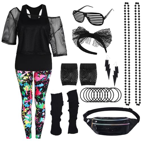 80er 90er Jahre Outfit Damen 20 Stück 80iger Retro Kostüm Off Shoulder Netzshirt Frauen mit Leggins Neon Kleidung Zubehör Set Bauchtasche Ohrring Netzhandschuhe Armband Halskette Bad Taste Outfit 21XL von Velmawig