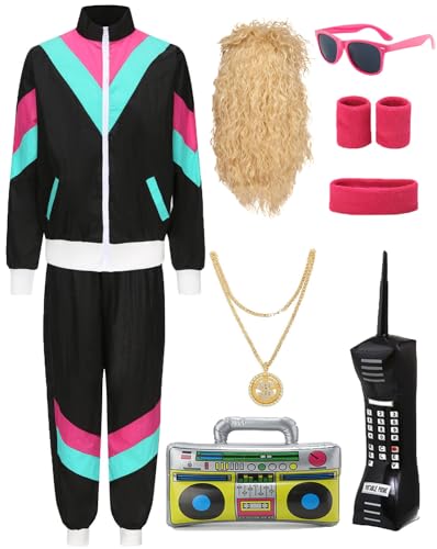 80er 90er Jahre Outfit Herren Damen Kostüm Jogginganzug Trainingsanzug Jacke und Hose Retro Anzug mit Accessoires Radio Sonnenbrille Halskette Schweißband für Karneval Fasching Mottoparty VL032XXXL von Velmawig