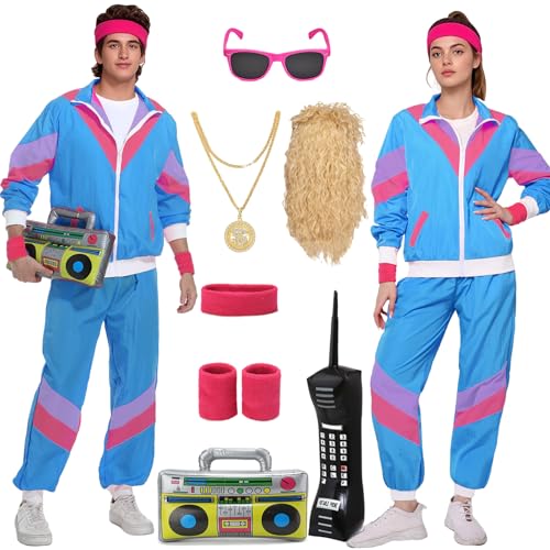 80er 90er Jahre Outfit Herren Damen Kostüm Jogginganzug Trainingsanzug Jacke und Hose Retro Anzug mit Accessoires Radio Sonnenbrille Halskette Schweißband für Karneval Fasching Mottoparty VL033XXXL von Velmawig