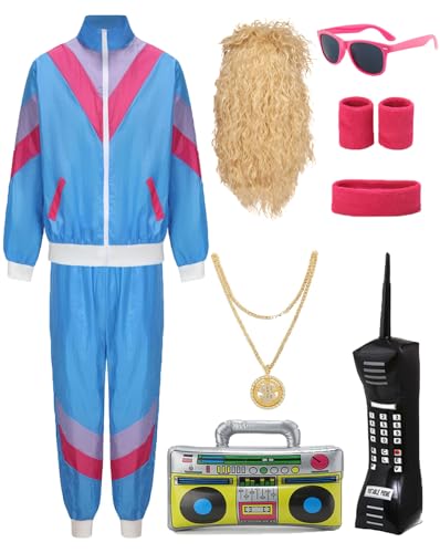 80er 90er Jahre Outfit Herren Damen Kostüm Jogginganzug Trainingsanzug Jacke und Hose Retro Anzug mit Accessoires Radio Sonnenbrille Halskette Schweißband für Karneval Fasching Mottoparty VL033XXXL von Velmawig