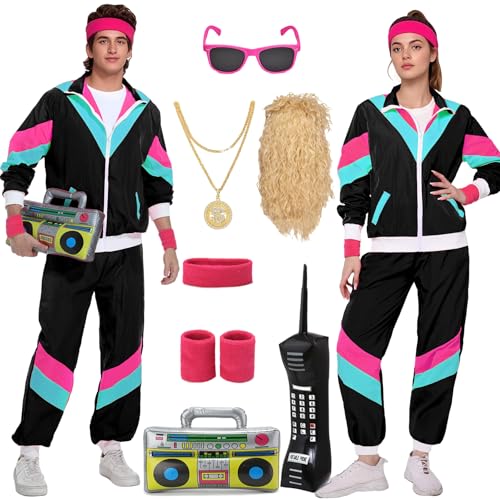 80er 90er Jahre Outfit Herren Damen Kostüm Jogginganzug Trainingsanzug Jacke und Hose Retro Anzug mit Accessoires Radio Sonnenbrille Halskette Schweißband für Karneval Fasching Mottoparty VL032L von Velmawig