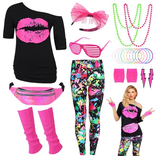 80er Jahre Outfit Damen 80 er Jahre Fasching Kostüm Zubehör Rosa Set mit Bauchtasche Haarband Ohrring Netzhandschuhe Gläser Armband Halskette Leggings Neon Kleidung Bad Taste Outfit Damen VL016XXXL von Velmawig