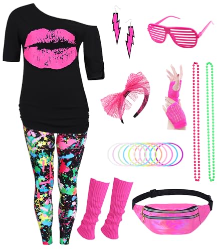 80er Jahre Outfit Damen 80 er Jahre Fasching Kostüm Zubehör Rosa Set mit Bauchtasche Haarband Ohrring Netzhandschuhe Gläser Armband Halskette Leggings Neon Kleidung Bad Taste Outfit Damen VL016XXXL von Velmawig