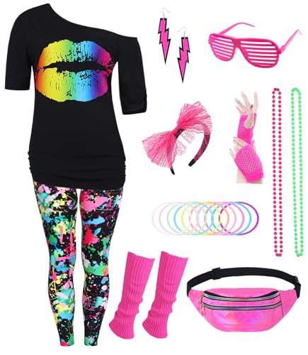 80er Jahre Outfit Damen 80 er Jahre Fasching Kostüm Zubehör Rosa Set mit Bauchtasche Haarband Ohrring Netzhandschuhe Gläser Armband Halskette Leggings Neon Kleidung Bad Taste Outfit Damen VL018XXXL von Velmawig