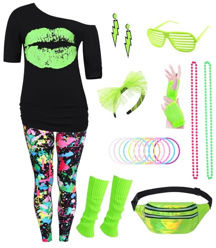 80er Jahre Outfit Damen 80 er Jahre Fasching Kostüm Zubehör Rosa Set mit Bauchtasche Haarband Ohrring Netzhandschuhe Gläser Armband Halskette Leggings Neon Kleidung Bad Taste Outfit Damen VL017XXXL von Velmawig