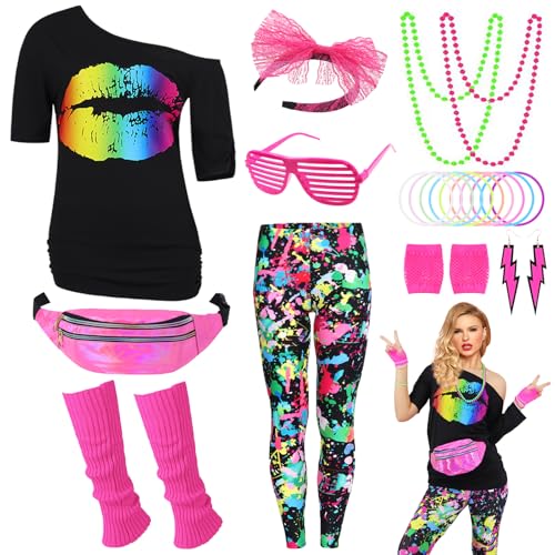 80er Jahre Outfit Damen 80 er Jahre Fasching Kostüm Zubehör Rosa Set mit Bauchtasche Haarband Ohrring Netzhandschuhe Gläser Armband Halskette Leggings Neon Kleidung Bad Taste Outfit Damen VL018XXXL von Velmawig