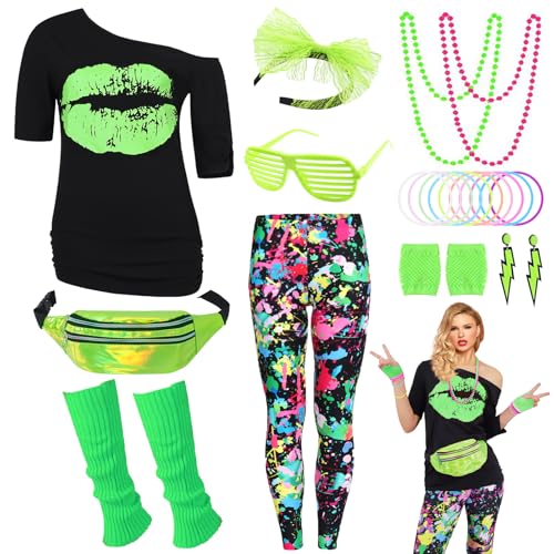 80er Jahre Outfit Damen 80 er Jahre Fasching Kostüm Zubehör Rosa Set mit Bauchtasche Haarband Ohrring Netzhandschuhe Gläser Armband Halskette Leggings Neon Kleidung Bad Taste Outfit Damen VL017M von Velmawig