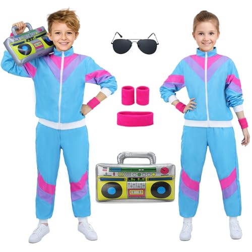 90er 80er Jahre Outfit Mädchen Jungen Jogginganzug Kinder Retro Trainingsanzug Kostüm Jacke Hose Anzug Kleidung New Kids Kostüm mit Handgelenkriemen Radio Sonnenbrillen für Karneval Fasching VL008M von Velmawig