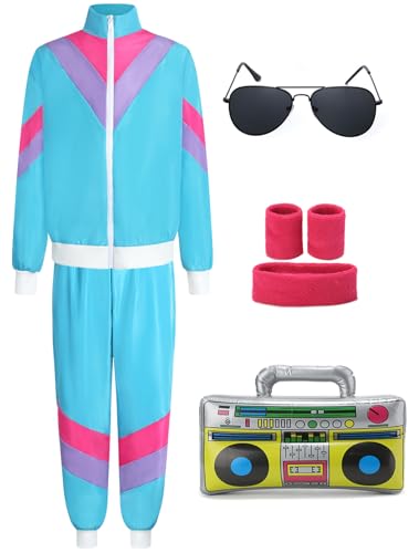 90er 80er Jahre Outfit Mädchen Jungen Jogginganzug Kinder Retro Trainingsanzug Kostüm Jacke Hose Anzug Kleidung New Kids Kostüm mit Handgelenkriemen Radio Sonnenbrillen für Karneval Fasching VL008M von Velmawig