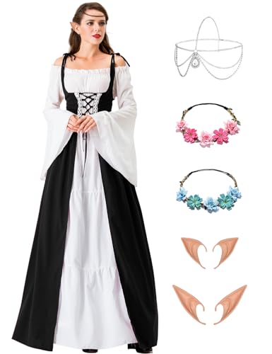 Damen Mittelalter Renaissance Kostüme Kleid Gothic Kleidung Steampunk Elfen Piraten Cosplay Karneval Kostüm Vintage Kleider mit mit Elfenohren Haarschmuck Socken für Fasching Halloween VL026L von Velmawig