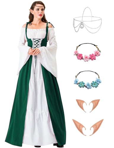 Damen Mittelalter Renaissance Kostüme Kleid Gothic Kleidung Steampunk Elfen Piraten Cosplay Karneval Kostüm Vintage Kleider mit mit Elfenohren Haarschmuck Socken für Fasching Halloween VL027L von Velmawig