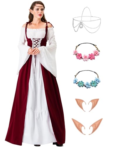 Damen Mittelalter Renaissance Kostüme Kleid Gothic Kleidung Steampunk Elfen Piraten Cosplay Karneval Kostüm Vintage Kleider mit mit Elfenohren Haarschmuck Socken für Fasching Halloween VL035L von Velmawig