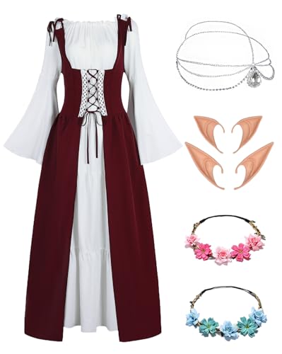 Damen Mittelalter Renaissance Kostüme Kleid Gothic Kleidung Steampunk Elfen Piraten Cosplay Karneval Kostüm Vintage Kleider mit mit Elfenohren Haarschmuck Socken für Fasching Halloween VL035L von Velmawig