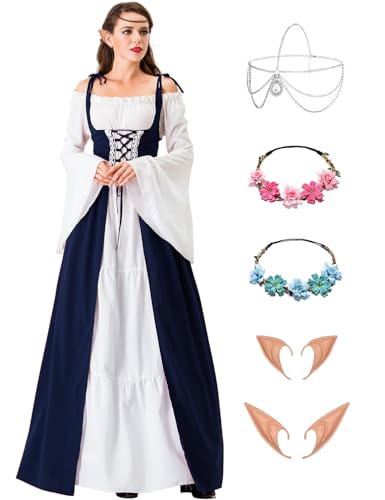 Damen Mittelalter Renaissance Kostüme Kleid Gothic Kleidung Steampunk Elfen Piraten Cosplay Karneval Kostüm Vintage Kleider mit mit Elfenohren Haarschmuck Socken für Fasching Halloween VL036L von Velmawig