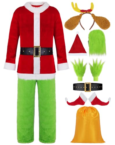 Grinch Kostüm Erwachsene Weihnachtsmann Kostüm Grin Kostüm Maske mit Weihnachtsmütze Weihnachtssack Outfit Grünes Monster Cosplay Pelzig Kostüm Requisiten für Herren Christmas Kostüm VL041XXXL von Velmawig