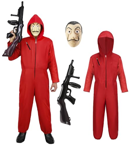 Haus des Geldes Kostüm Erwachsene Karneval Partner Kostüm Herren Damen Roter Overall mit Kapuze Bankräuber Cosplay Outfit Onesie mit PVC Prop Salvador Dali Maske für Halloween Fasching Party VL007M von Velmawig