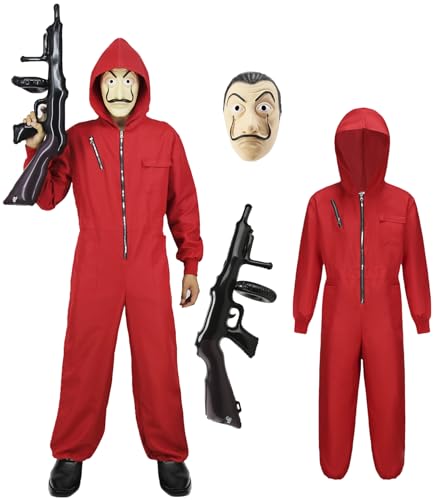 Haus des Geldes Kostüm Erwachsene Karneval Partner Kostüm Herren Damen Roter Overall mit Kapuze Bankräuber Cosplay Outfit Onesie mit PVC Prop Salvador Dali Maske für Halloween Fasching Party VL007-S von Velmawig