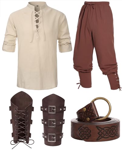 Mittelalter Hemd Viking Kostüm Herren Renaissance Viktorian Piraten Schnürhemd Fischerhemd Kriegerin Gothic Stehkragen Cosplay Top with Kniebundhose Männer Armschützer Steampunk Ritter Gürtel VL002XXL von Velmawig