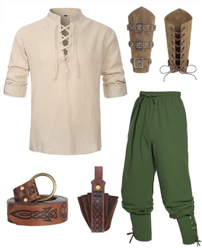 Mittelalter Hemd Viking Kostüm Herren Renaissance Viktorian Piraten Schnürhemd Fischerhemd Kriegerin Gothic Stehkragen Cosplay Top with Kniebundhose Männer Armschützer Steampunk Ritter Gürtel VL034M von Velmawig