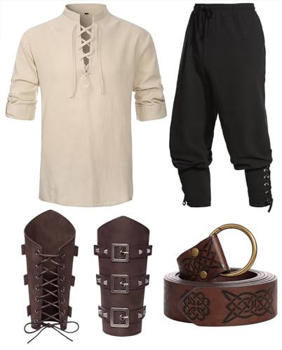 Mittelalter Hemd Viking Kostüm Herren Renaissance Viktorian Piraten Schnürhemd Fischerhemd Kriegerin Gothic Stehkragen Cosplay Top with Kniebundhose Männer Armschützer Steampunk Ritter Gürtel VL001M von Velmawig