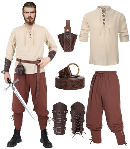 Mittelalter Hemd Viking Kostüm Herren Renaissance Viktorian Piraten Schnürhemd Fischerhemd Kriegerin Gothic Stehkragen Cosplay Top with Kniebundhose Männer Armschützer Steampunk Ritter Gürtel VL002XXL von Velmawig