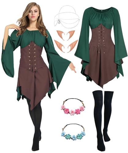 Mittelalter Renaissance Kostüme Kleid Damen Trompetenärmel Gothic Retro Kleidung Karneval Kostüm Piraten Elfen Cosplay Outfit mit Elfenohren Haarschmuck Overknee Socken für Fasching Halloween VL025M von Velmawig