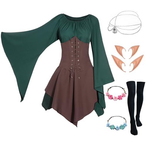 Mittelalter Renaissance Kostüme Kleid Damen Trompetenärmel Gothic Retro Kleidung Karneval Kostüm Piraten Elfen Cosplay Outfit mit Elfenohren Haarschmuck Overknee Socken für Fasching Halloween VL025M von Velmawig