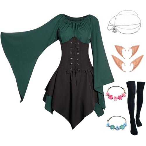 Mittelalter Renaissance Kostüme Kleid Damen Trompetenärmel Gothic Retro Kleidung Karneval Kostüm Piraten Elfen Cosplay Outfit mit Elfenohren Haarschmuck Overknee Socken für Fasching Halloween VL024L von Velmawig