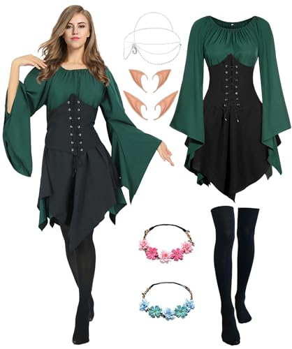 Mittelalter Renaissance Kostüme Kleid Damen Trompetenärmel Gothic Retro Kleidung Karneval Kostüm Piraten Elfen Cosplay Outfit mit Elfenohren Haarschmuck Overknee Socken für Fasching Halloween VL024XL von Velmawig