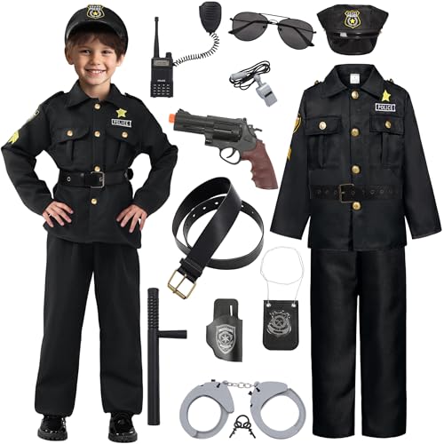 Polizei Kostüm Kinder Polizei Kostüm Jungs Polizei Cosplay Outfit mit Zubehör Faschingskostüme Uniform mit Polizistin Ausrüstung Mütze Handschellen Sonnenbrillen für Karneval Fasching Halloween 023XS von Velmawig