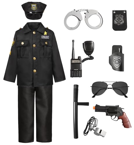 Polizei Kostüm Kinder Polizei Kostüm Jungs Polizei Cosplay Outfit mit Zubehör Faschingskostüme Uniform mit Polizistin Ausrüstung Mütze Handschellen Sonnenbrillen für Karneval Fasching Halloween 023M von Velmawig