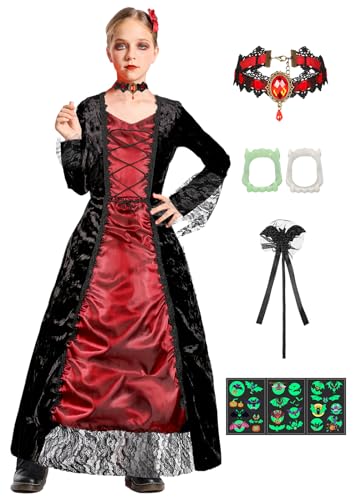 Vampir Kostüm Kinder Mädchen Mittelalterliches Vampirkostüm Kleid Dracula Königin Cosplay Gothic Königliche Outfit Karneval Mottoparty Party with Halsband Rose Aufkleber Zähne Fledermausstab 004XL von Velmawig