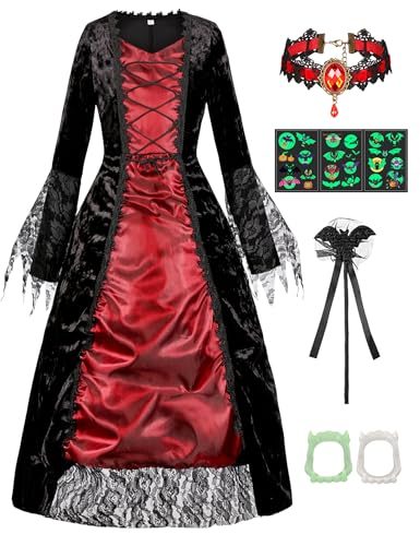 Vampir Kostüm Kinder Mädchen Mittelalterliches Vampirkostüm Kleid Dracula Königin Cosplay Gothic Königliche Outfit für Karneval Mottoparty Party with Halsband Rose Aufkleber Zähne Fledermausstab 004L von Velmawig