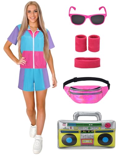 Velmawig 80er Jahre Outfit Damen 90er Jahre Kostüm Damen 80er jahre accessoires neon Party Trainingsanzug Kurzarm Jogginganzug LUXUS Retro Anzug für Karneval Fasching Mottoparty, Blau VL010XL von Velmawig