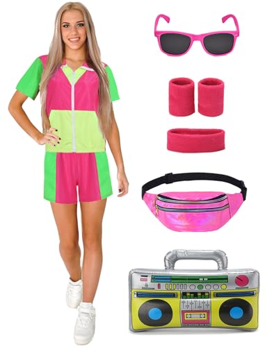 Velmawig 80er Jahre Outfit Damen 90er Jahre Kostüm Damen 80er jahre accessoires neon Party Trainingsanzug Kurzarm Jogginganzug LUXUS Retro Anzug für Karneval Fasching Mottoparty, Rosa VL009L von Velmawig