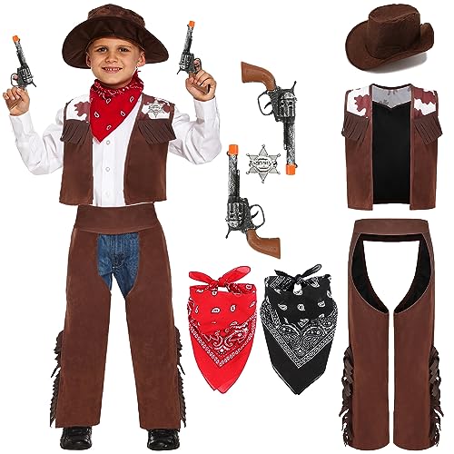 Velmawig Cowboy Kostüm Kinder Deluxe Zubehör Set Western Cowboy Polizei Cosplay Karneval Kostüm mit Sombrero Cowboyhut Weste Halstuch Bandana für Jungen Mädchen Geburtstagsparty Dress Up VL006L von Velmawig