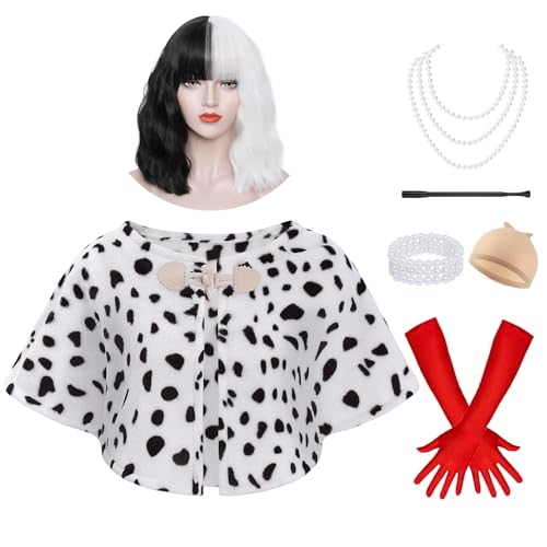 Velmawig Cruella Devil Kostüm Damen Cruella Perücke Schwarz und Weiß Schal für Frauen Halloween Fasching Party Costume VL037 von Velmawig