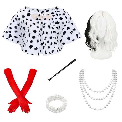 Velmawig Cruella Devil Kostüm Damen Cruella Perücke Schwarz und Weiß Schal für Frauen Halloween Fasching Party Costume VL037 von Velmawig